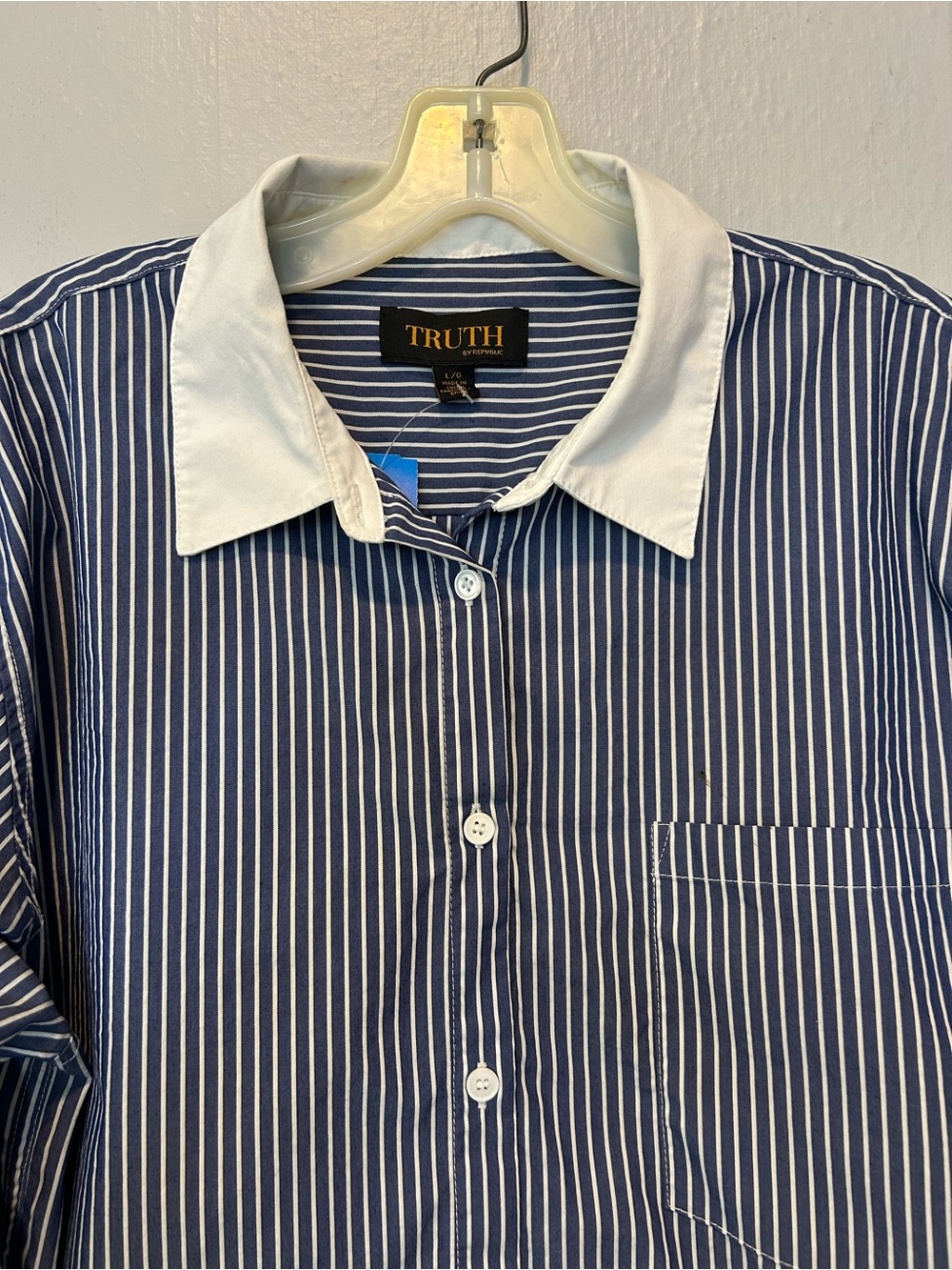 Truth Navy and White Pinstripe Button-Down Shirt with White Collar - Picture 4 of 12